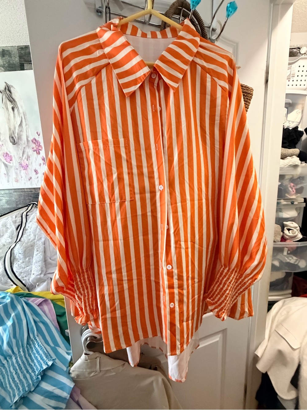 Orange and White Striped Button-Up Blouse
